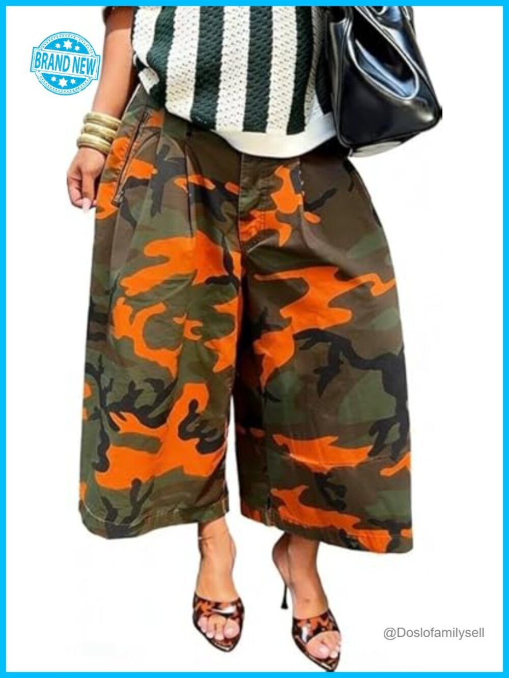 Camouflage Wide Leg Baggy Cargo Capris High Waist Army Fatigue Pants Women